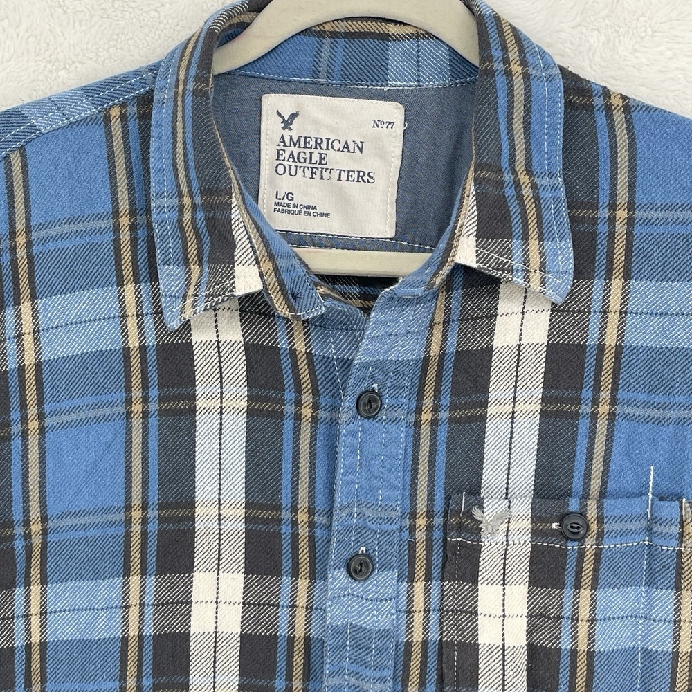 American Eagle Flannel Heavyweight LS Button Shirt Plaid Soft Cotton Sz L Blue